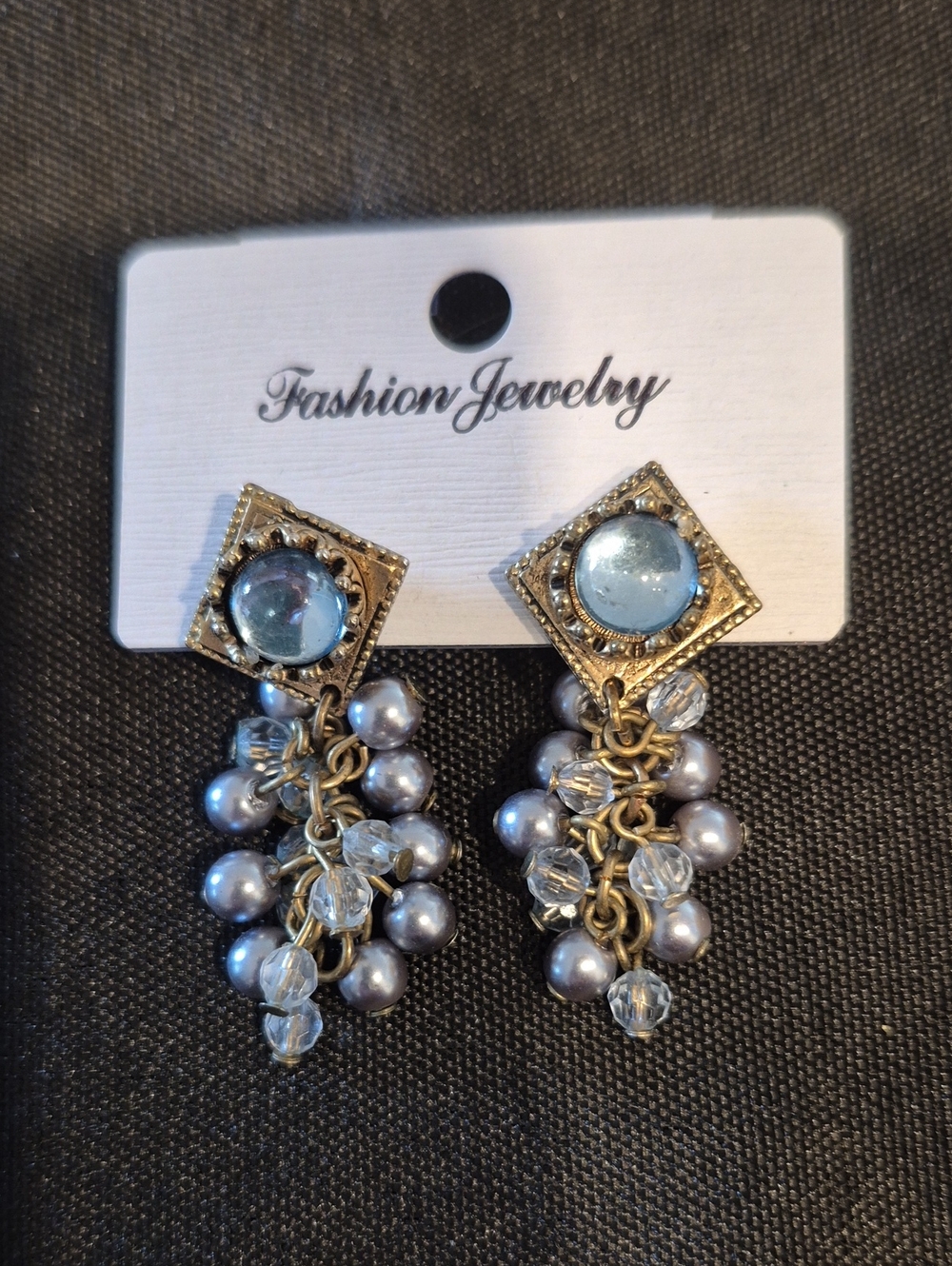 Vintage Style Blue Pearl and Crystal Cluster Drop Earrings